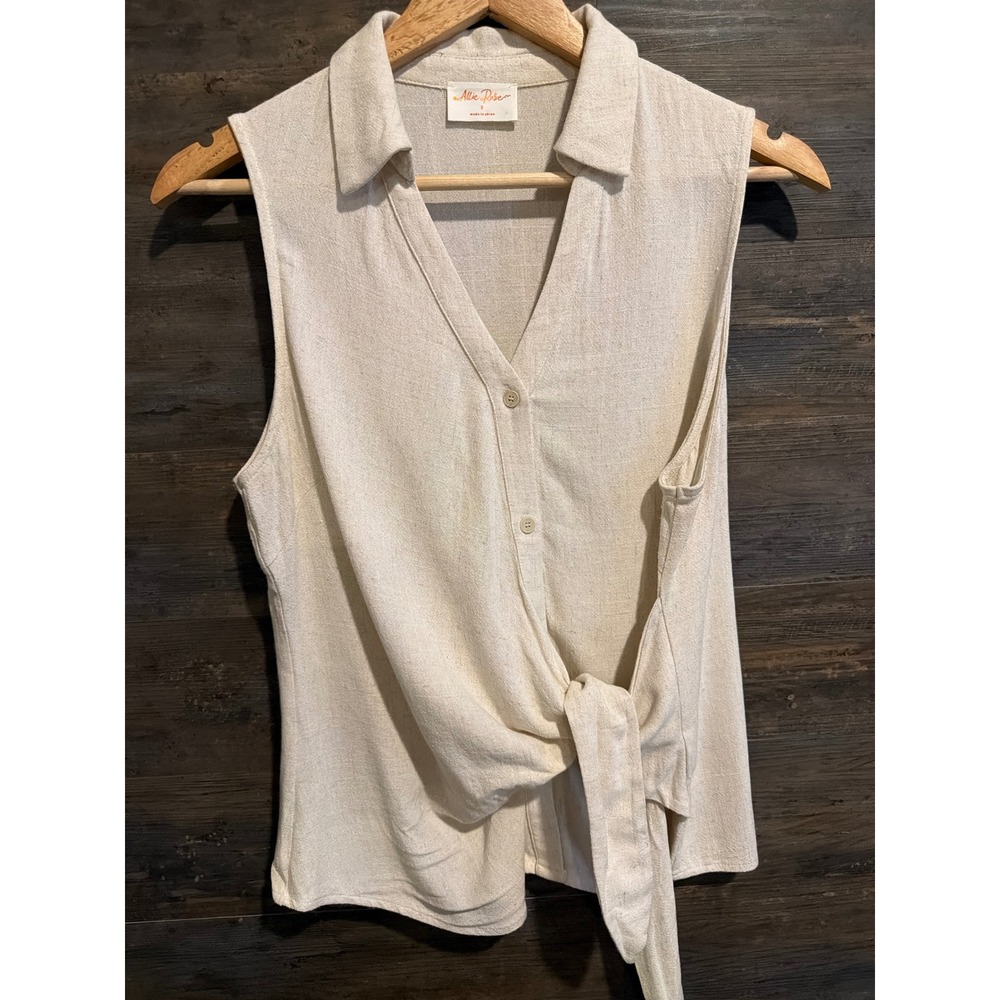 Allie Rose Womens Oatmeal Cotton Linen Sleeveless Front Tie Blouse Small